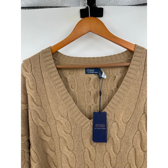 Polo Ralph Lauren Womens 2XL V-Neck Sweater Wool Cashmere Camel Cable Knit NWT - Picture 4 of 11